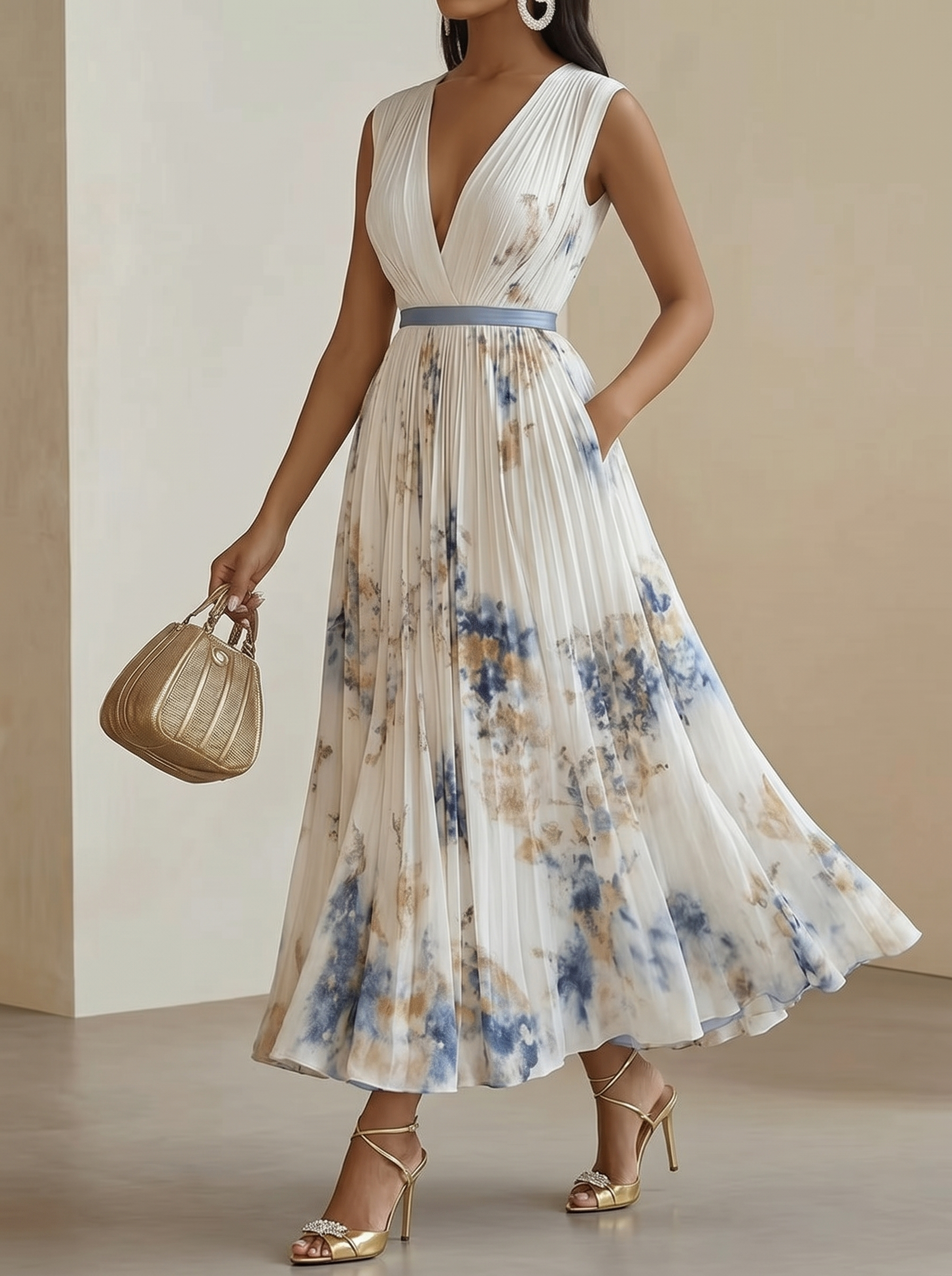 Anna-Berg | Printed V-Neck Sleeveless Fashion Pleated Dress