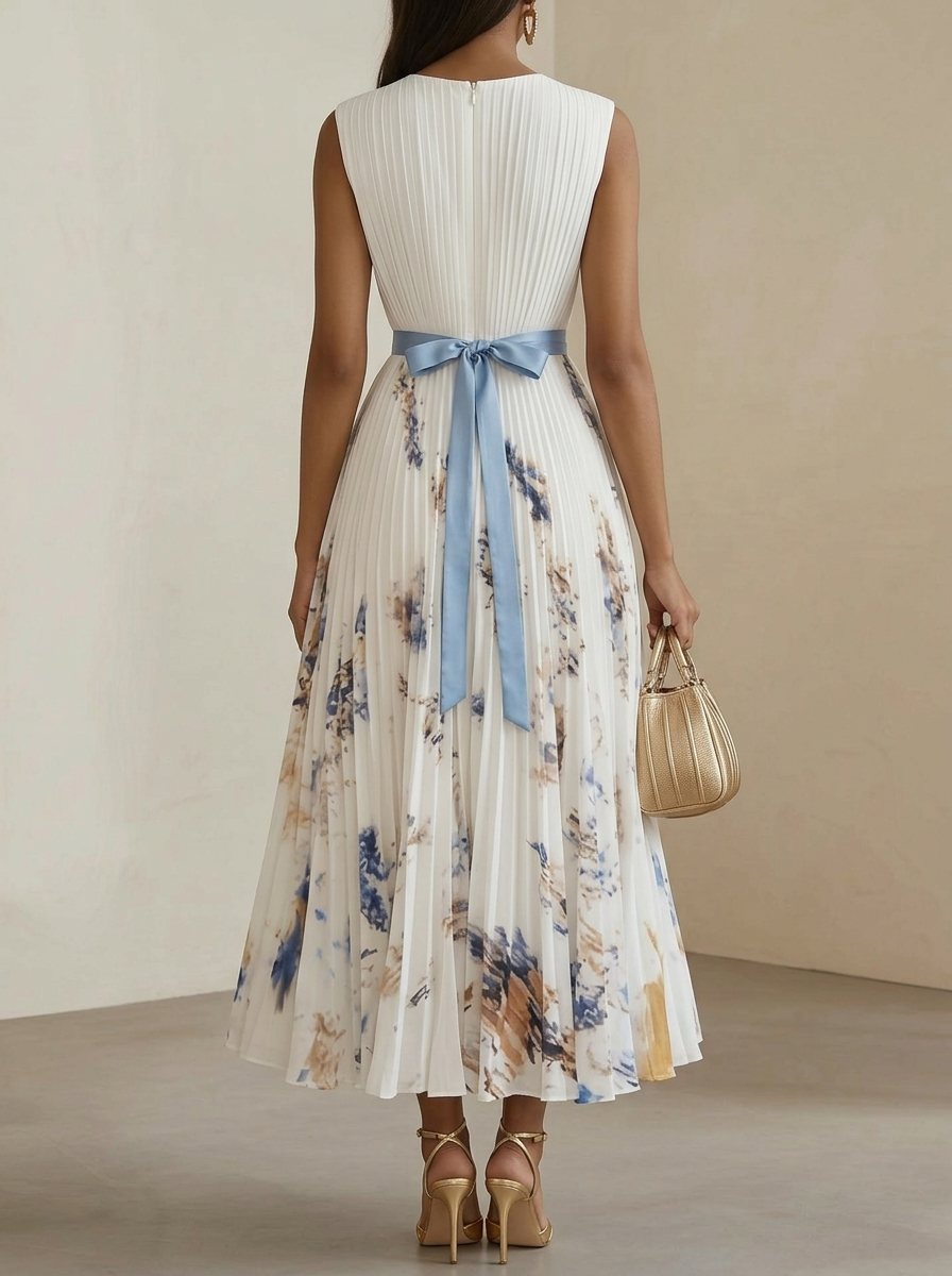 Anna-Berg | Printed V-Neck Sleeveless Fashion Pleated Dress