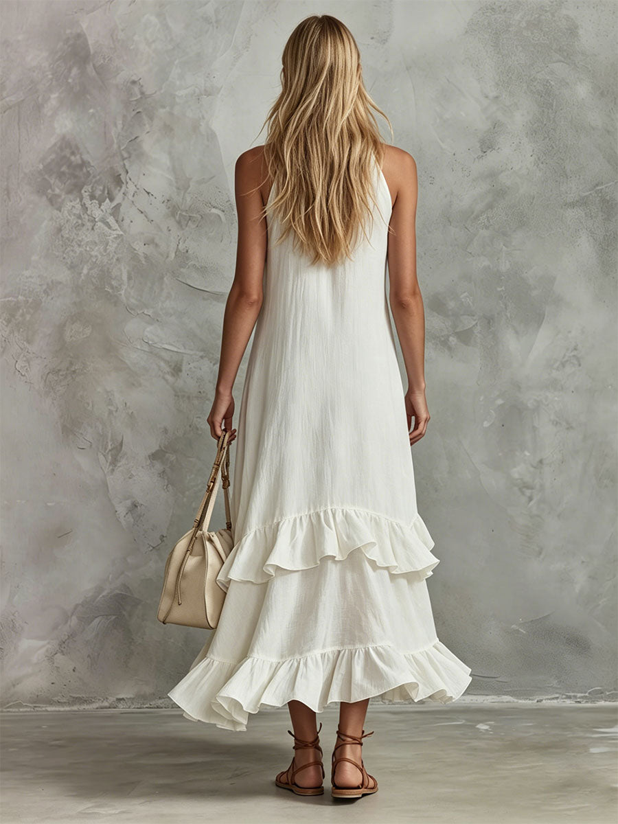 Anna-Berg | Retro-Elegant White Sleeveless Ruffled Cotton-Linen Dress
