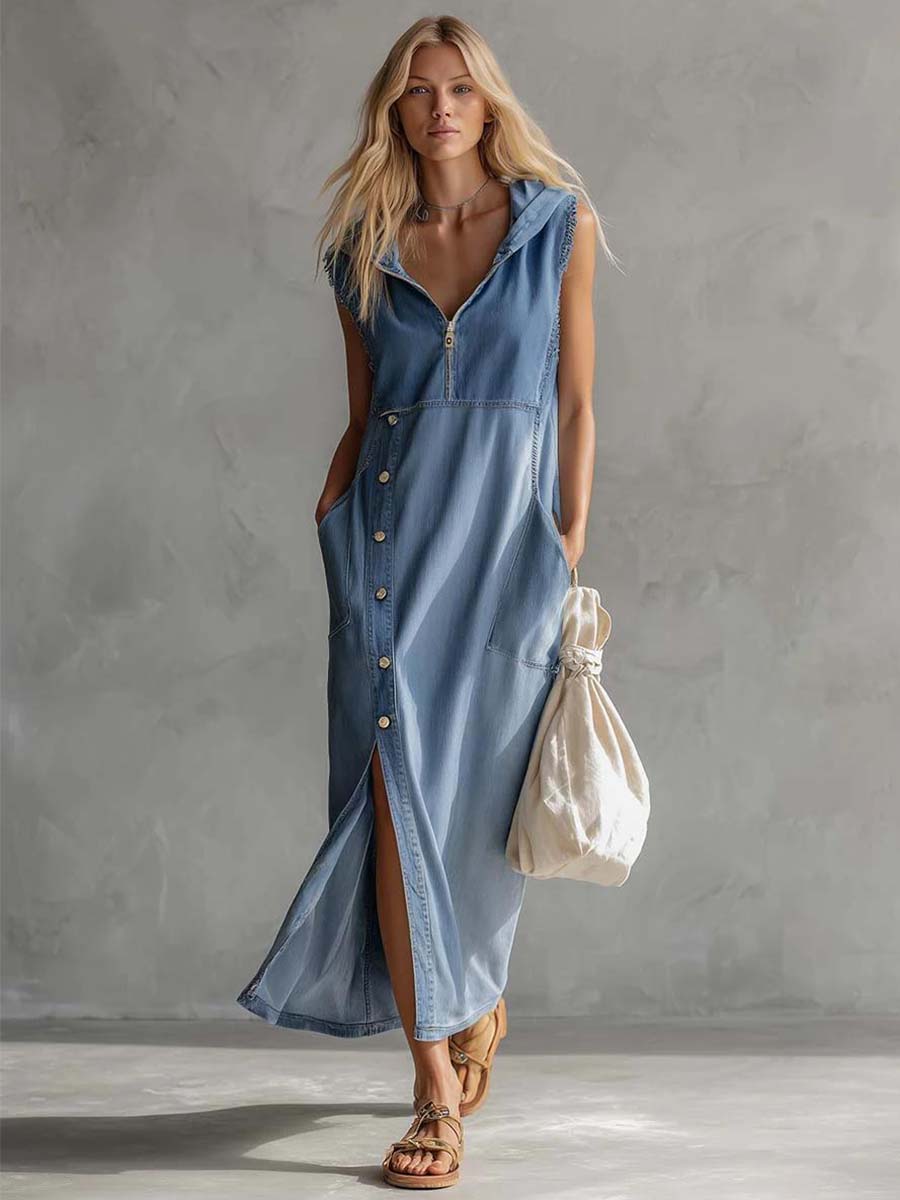 Anna-Berg | Blue Denim V-Neck Casual Dress