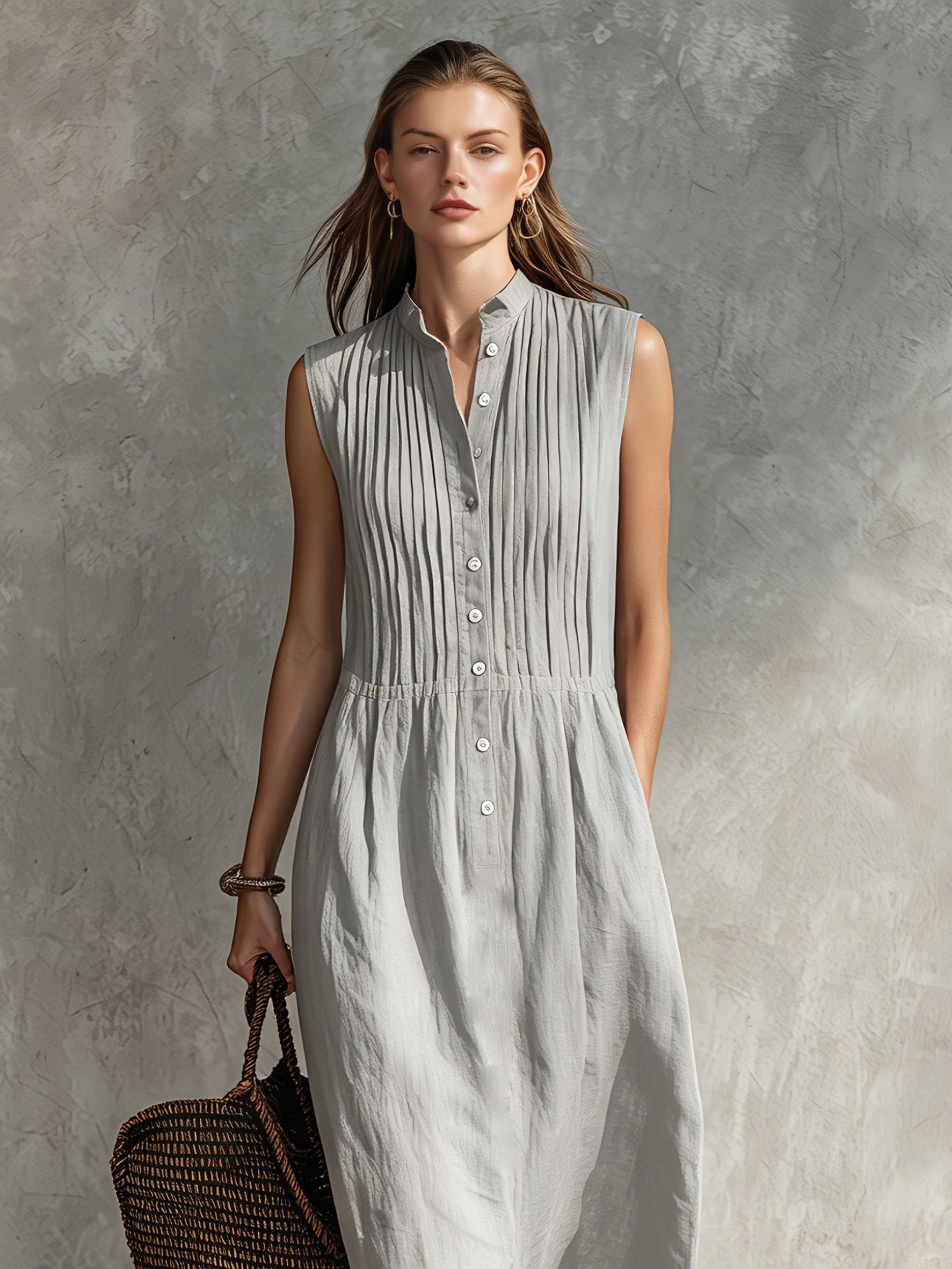 Anna-Berg | Casual Grey Cotton-Linen Sleeveless Dress