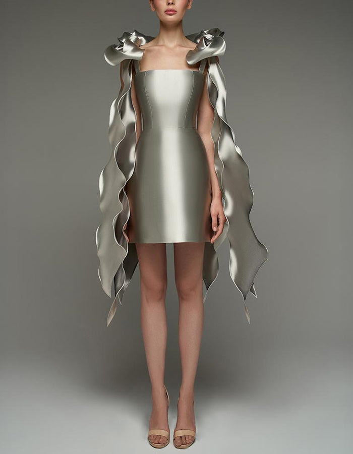 Anna-Berg | Silver Satin Cocktail Square Neck Dress