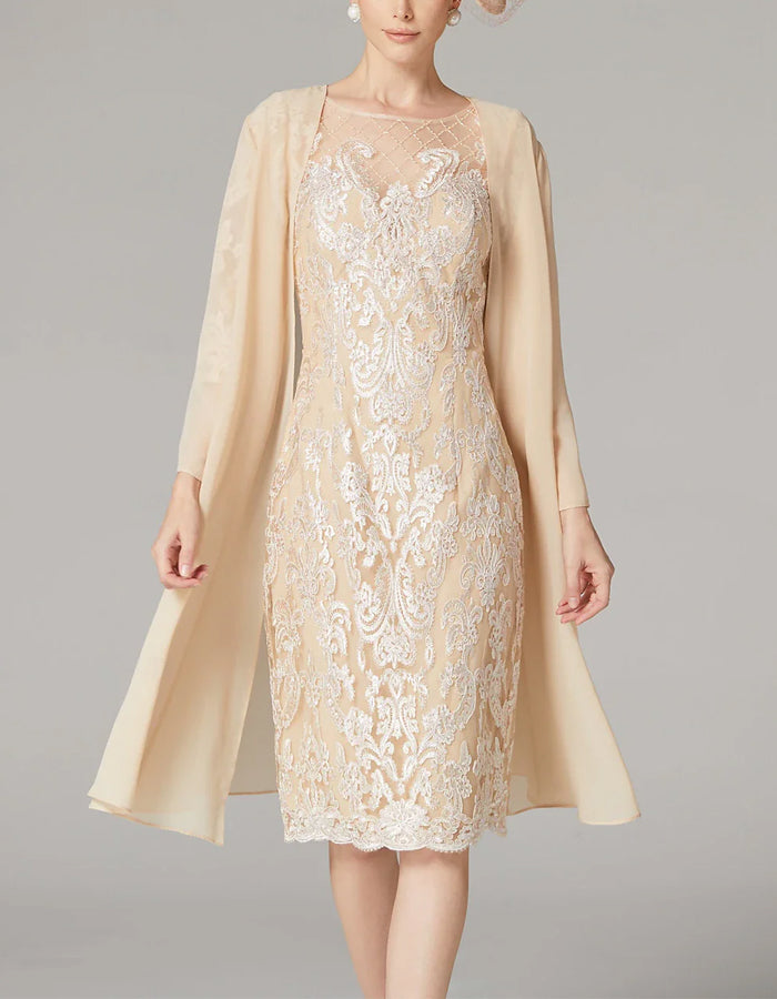 Anna-Berg | Apricot Chiffon Bodycon Embroidered Long Dress