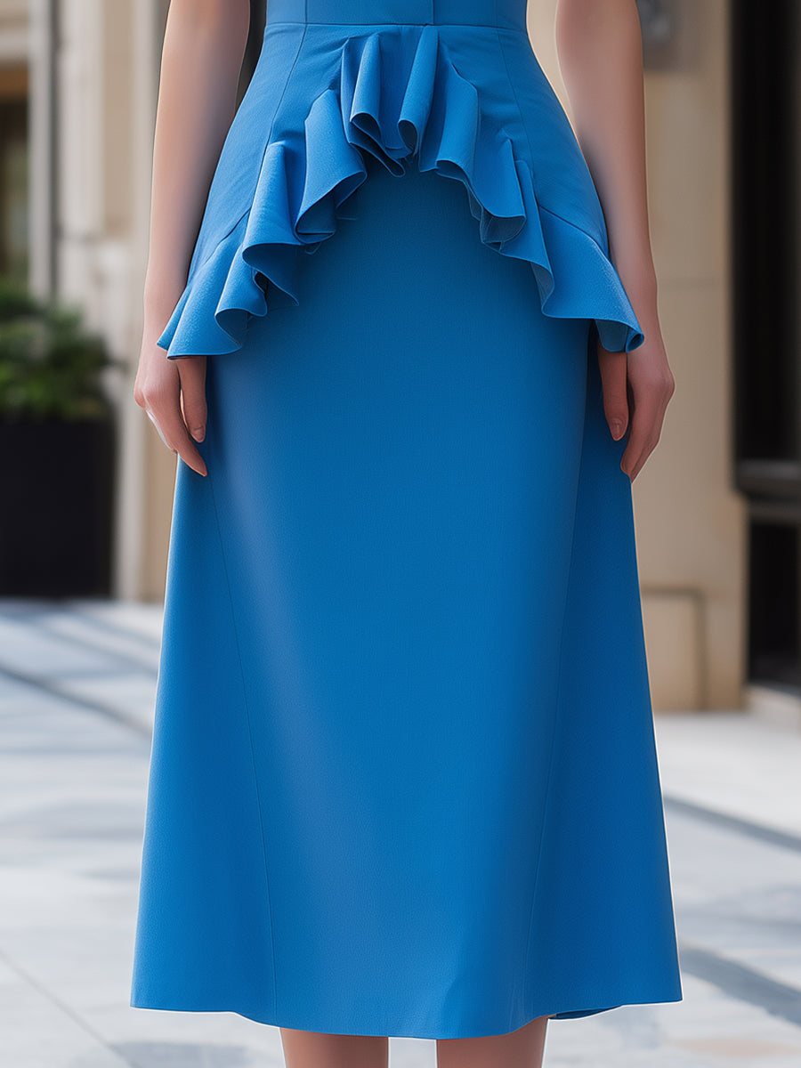 Anna-Berg | Elegant Blue Sleeveless Ruffle Waist Dress