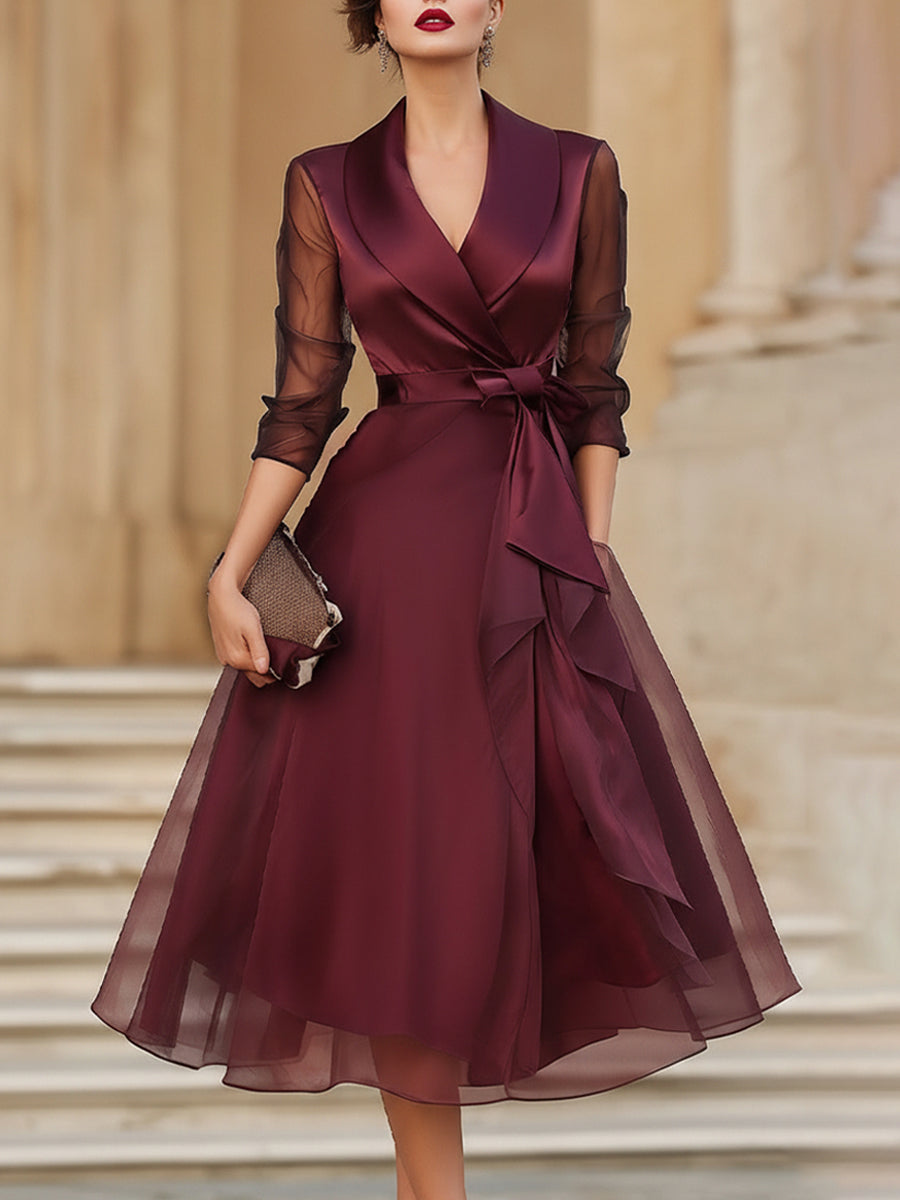 Anna-Berg | Elegant Wrap Midi Dress With Sheer Sleeves