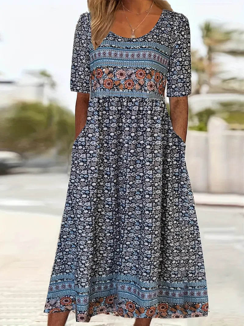 Anna-Berg | Boho Printed Square Neck Short Sleeve Midi Dress