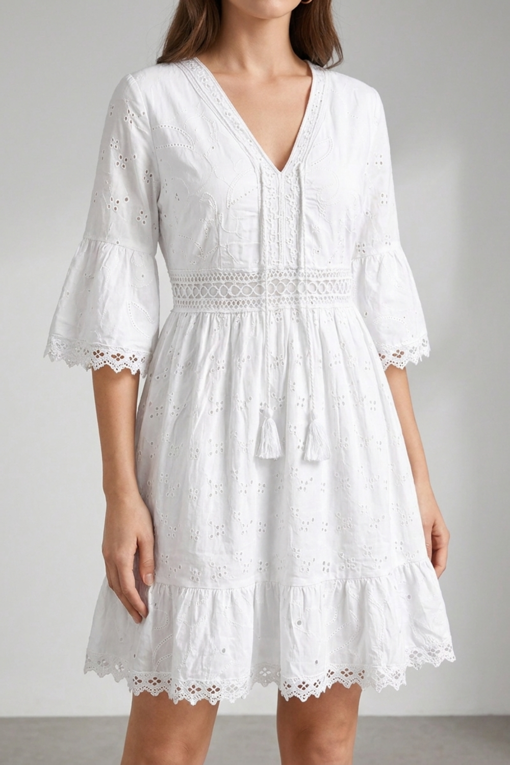 Anna-Berg | Boho Mini Dress V-Neck Bell Sleeves Eyelet Lace