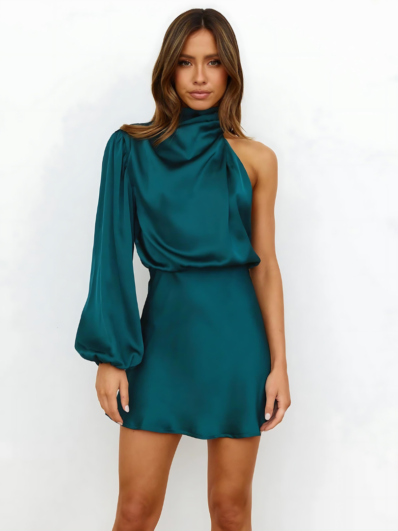 Anna-Berg | Chic Satin One-Shoulder Dress With Long Sleeve