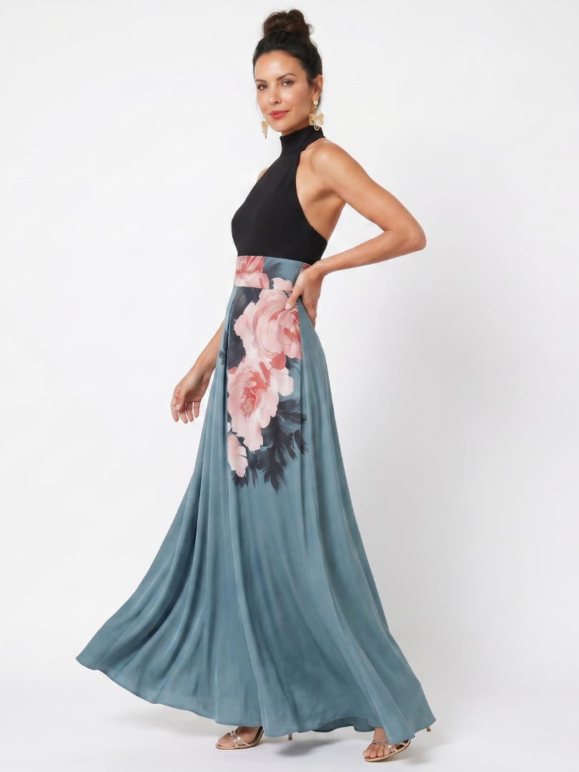 Anna-Berg | Feminine Halter Bodice Floral Skirt Maxi Dress