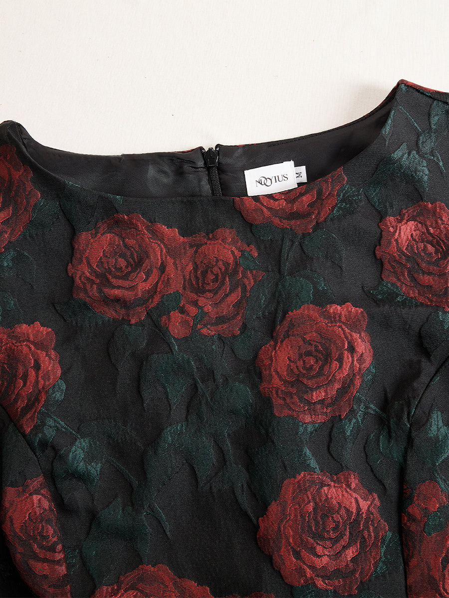 Anna-Berg | Elegant Jacquard Rose Print Midi Dress