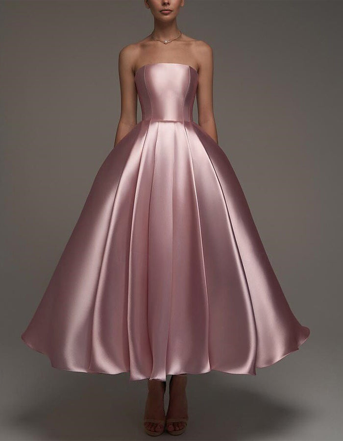 Anna-Berg | Pink Satin Strapless A-Line Shawl Dress