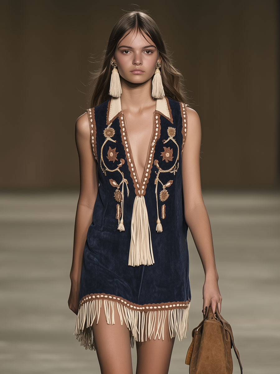 Anna-Berg | Red Faux Suede Tassel Western Dress