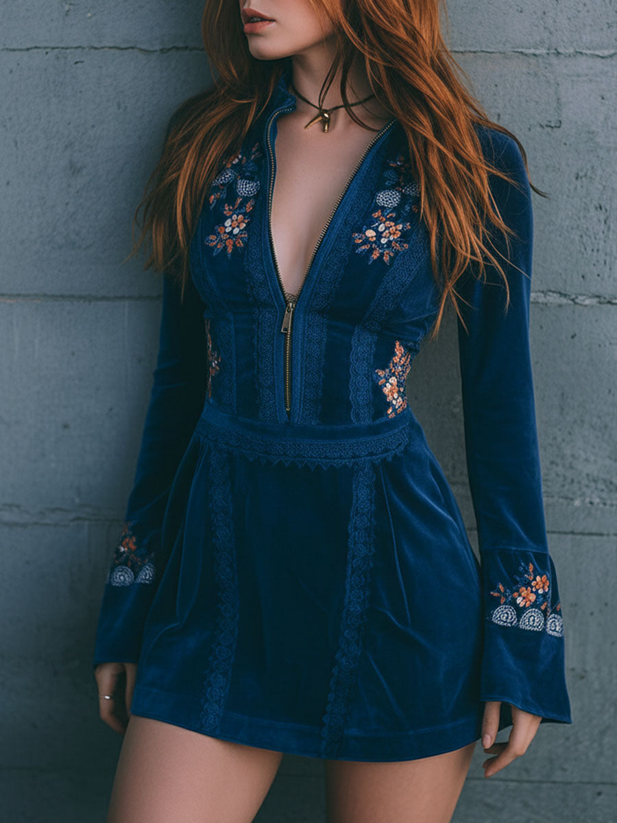 Anna-Berg | Blue Velvet Embroidered Casual Dress