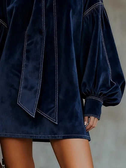 Anna-Berg | Elegant Dark Blue Mini Dress With Velvet Cut And Lantern-Shaped Sleeves
