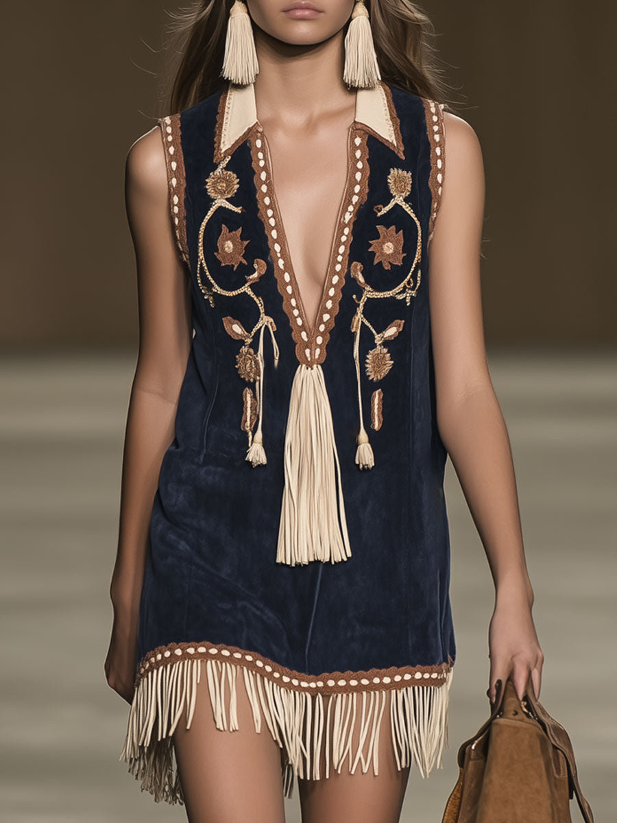 Anna-Berg | Red Faux Suede Tassel Western Dress