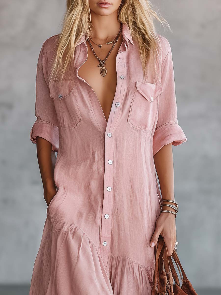 Anna-Berg | Pink Linen V-Neck Casual Dress