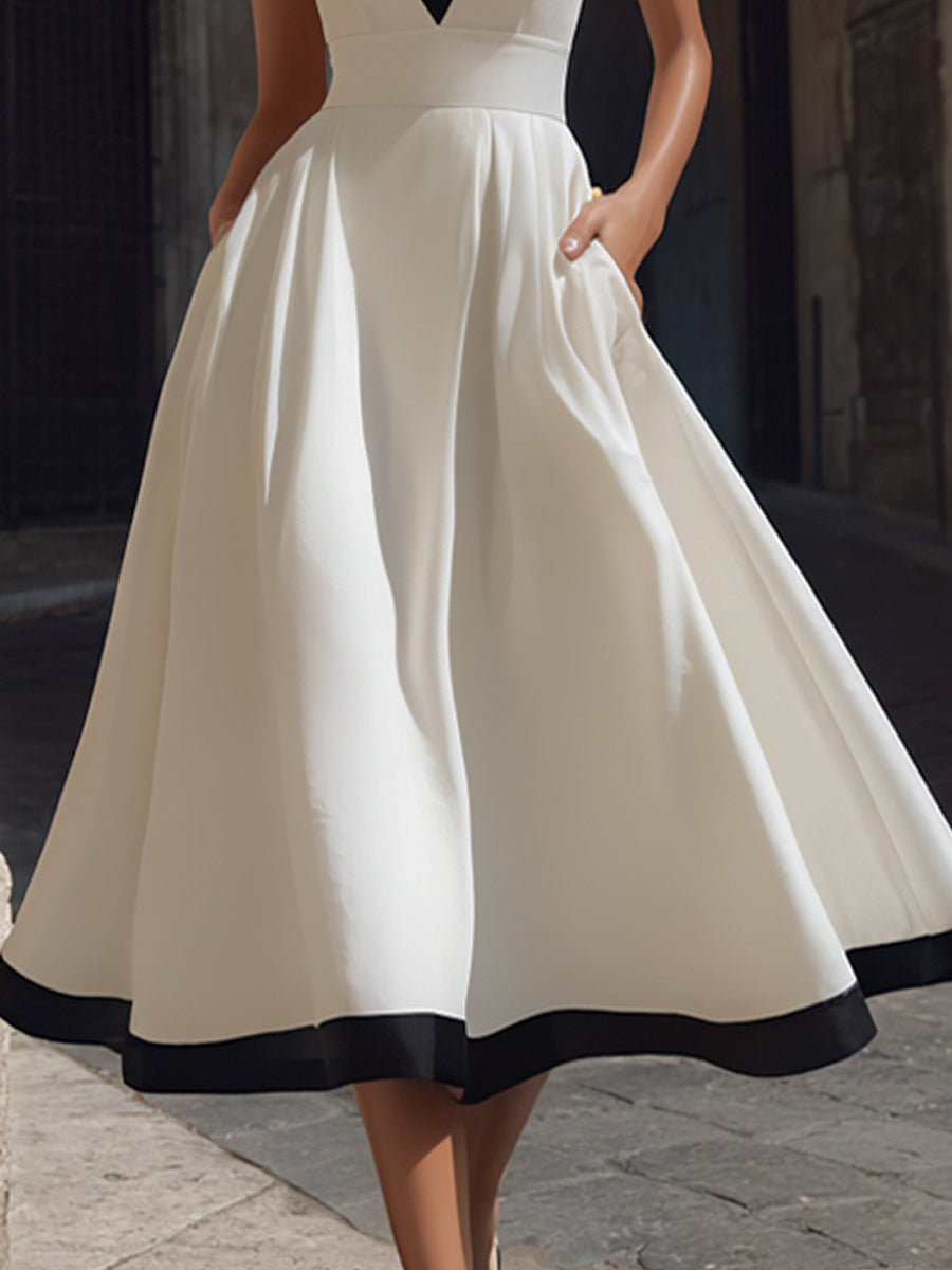 Anna-Berg | Elegant V-Neck A-Line Midi Dress With Contrast Trim And Pockets