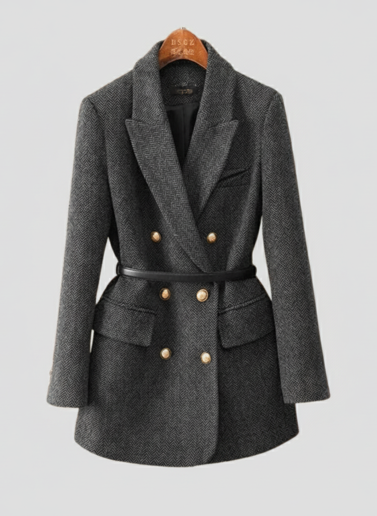 Anna-Berg | Tweed Blazer Coat - Double-Breasted, Belted, Peak Lapel