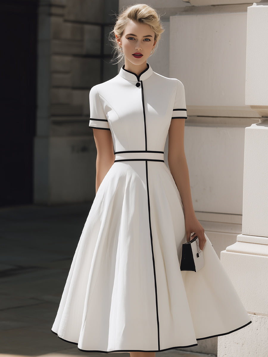 Anna-Berg | Timeless Contrast-Piped Mandarin Collar Dress
