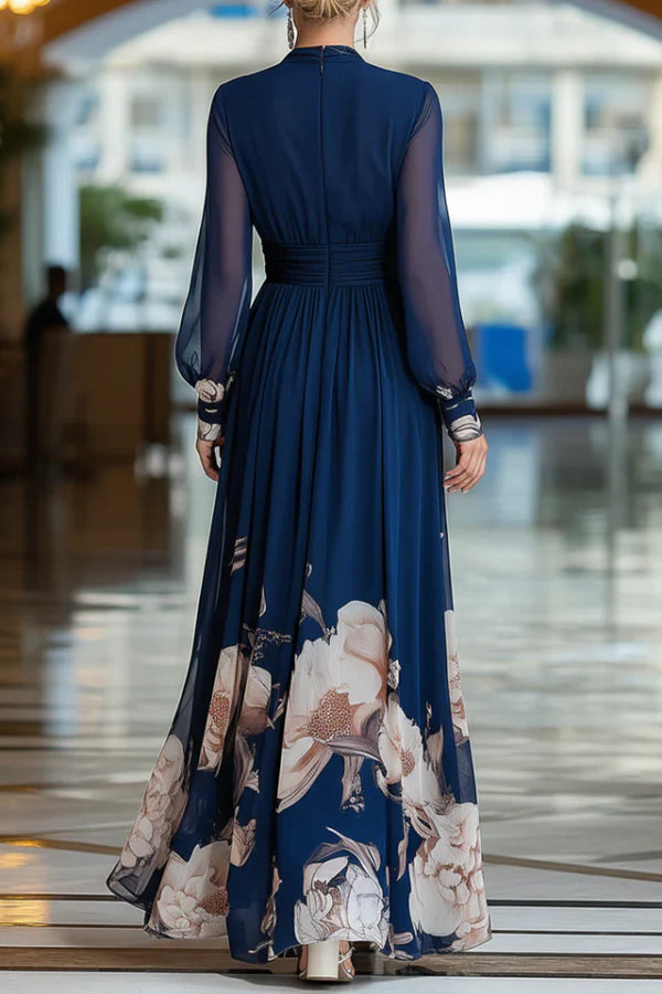Anna-Berg | Floral Print Patchwork Mesh Long-Sleeved Dress