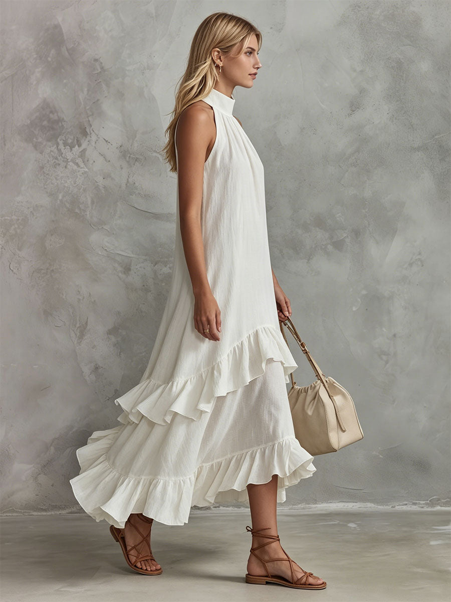 Anna-Berg | Retro-Elegant White Sleeveless Ruffled Cotton-Linen Dress