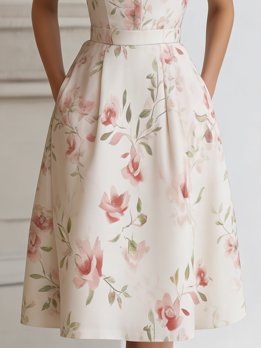 Anna-Berg | Floral Lapel Short Sleeve Midi Dress With Tailored Waist