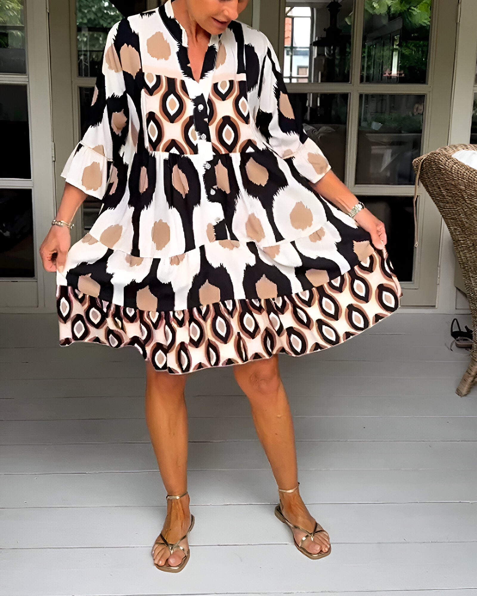 Anna-Berg | Effortless Geometric Tiered Midi Dress For Bold Boho Style