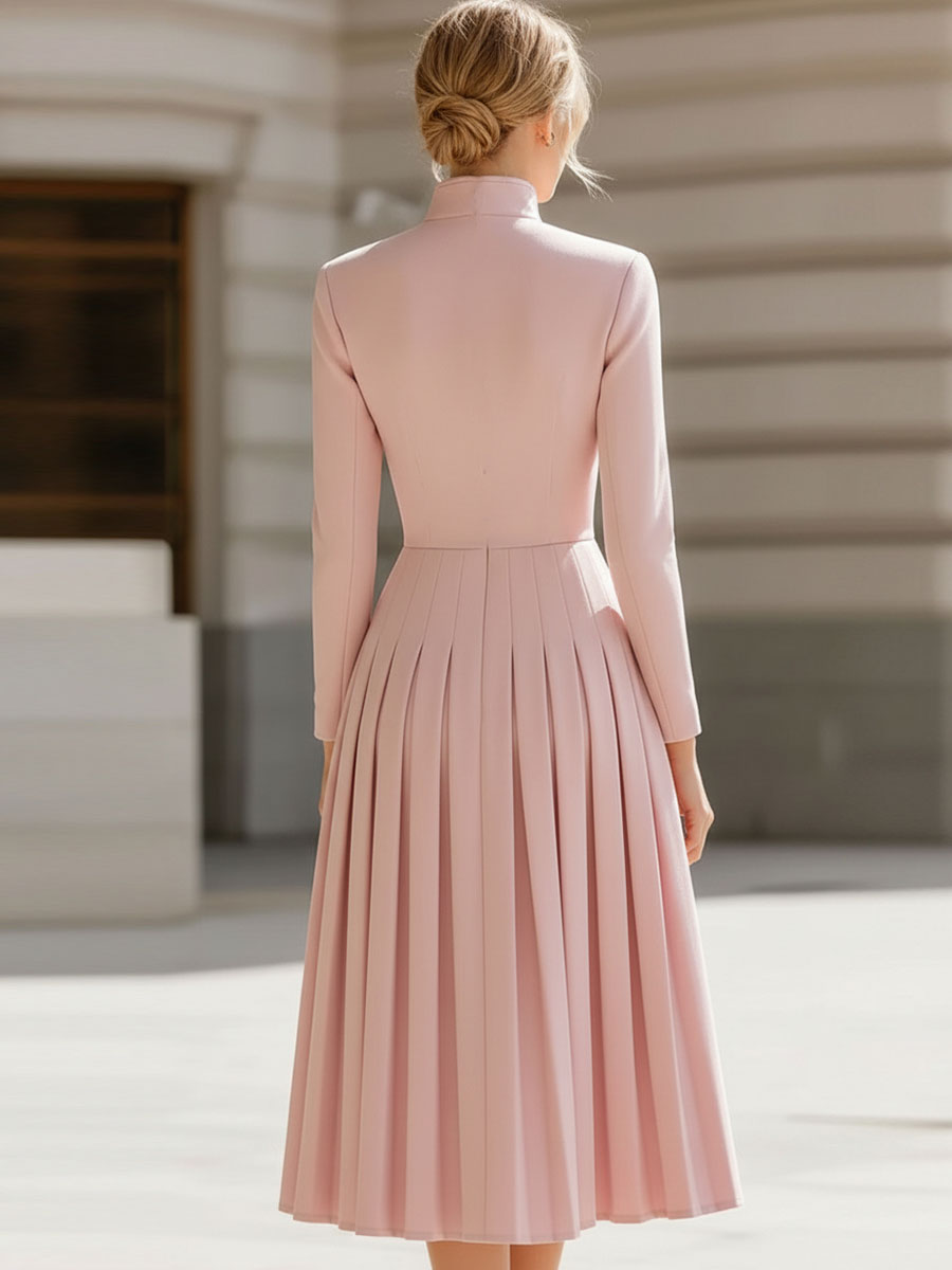 Anna-Berg | Elegant Blush Pink Pleated Midi Dress With Stand Collar