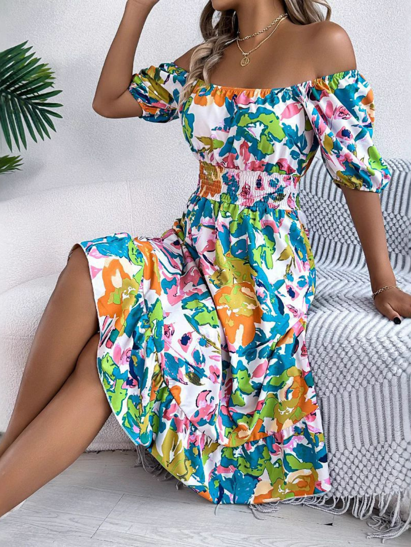 Anna-Berg | Boho Off Shoulder Midi Dress in a Flattering Cut