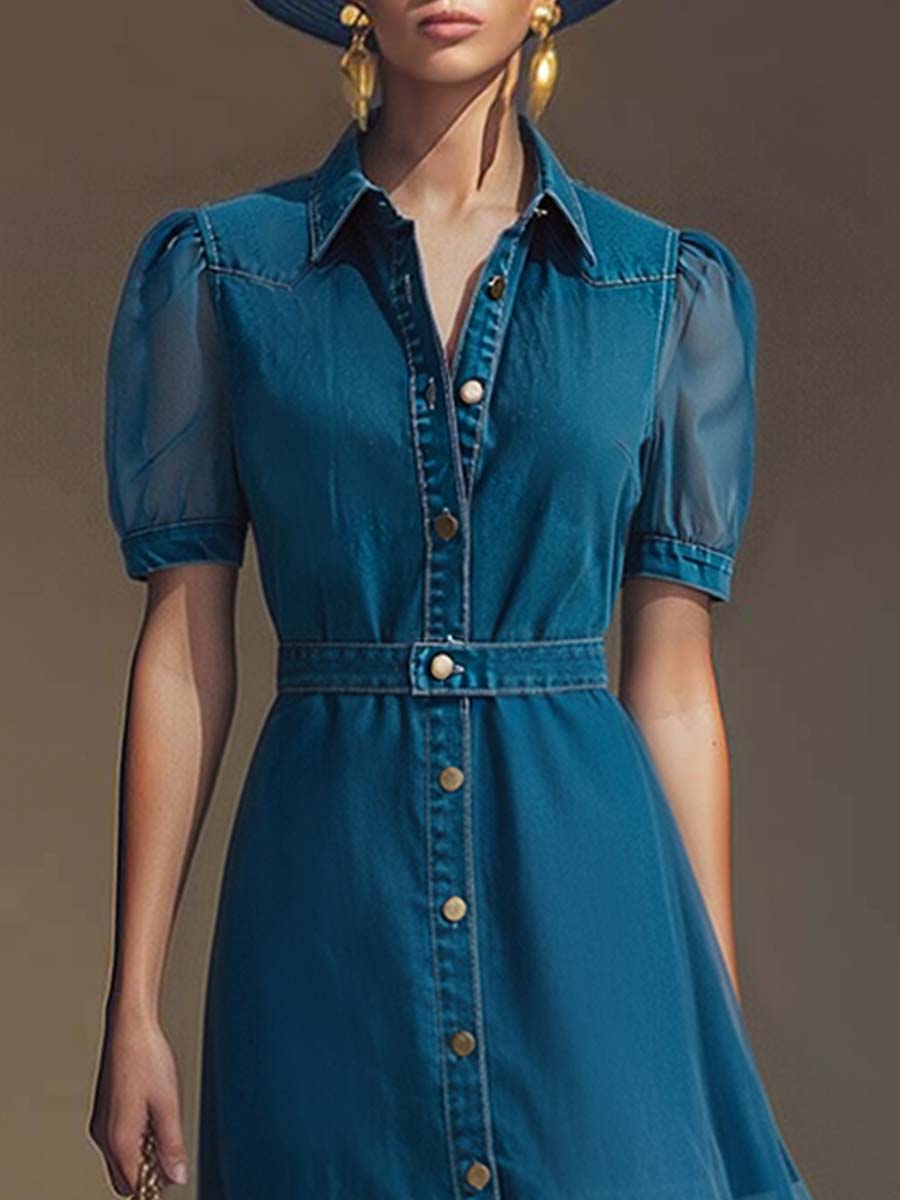 Anna-Berg | V-Neck Short-Sleeved Organza Blue Denim Dress