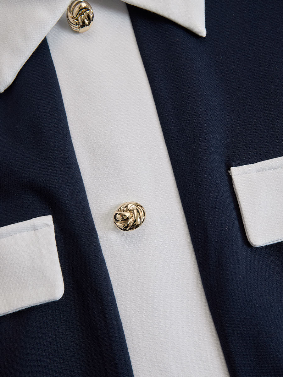 Anna-Berg | Elegant Navy & White Contrast Button-Up Midi Dress