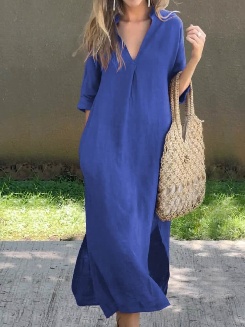 Anna-Berg | Timeless Midi Dress With V-Neck In Loose Fit
