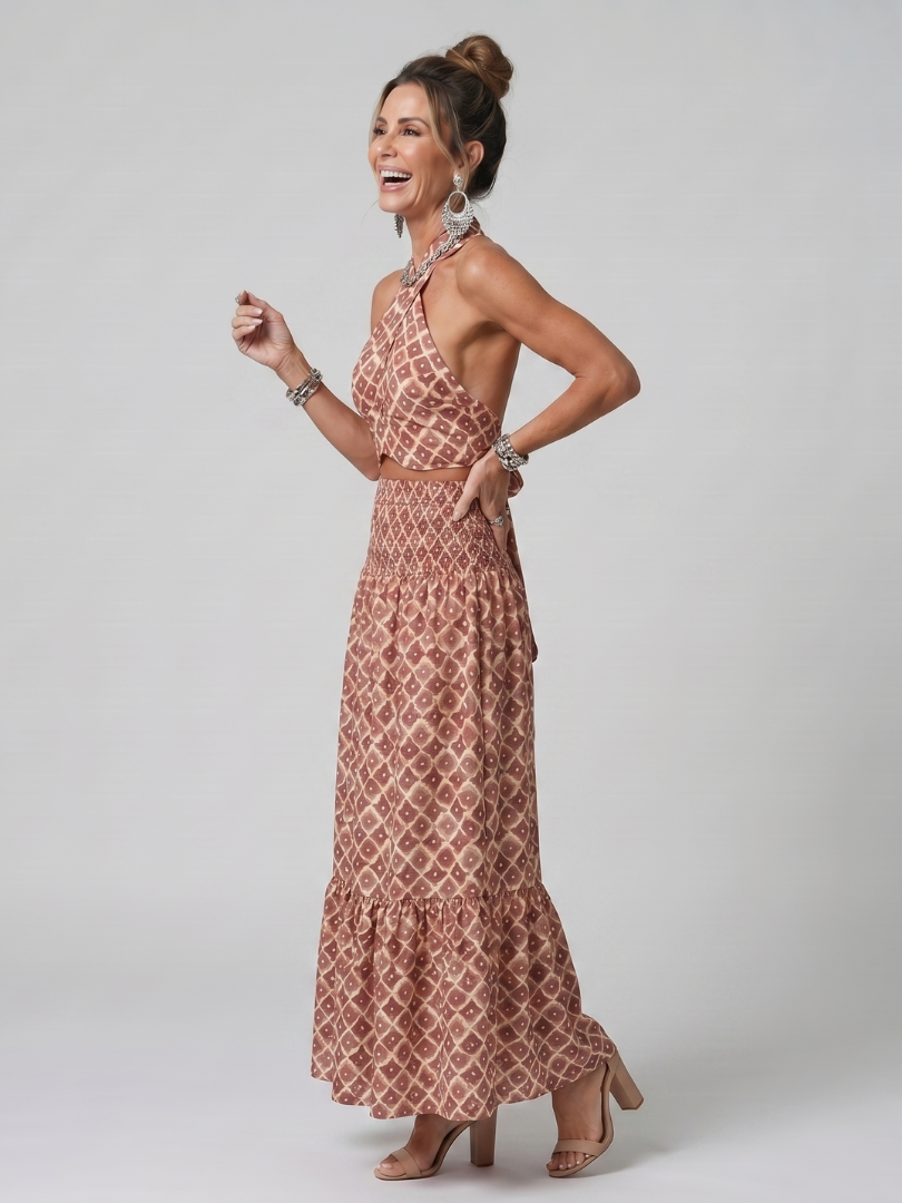 Anna-Berg | Statement Cross Halter Geometric Print Cutout Midi Dress