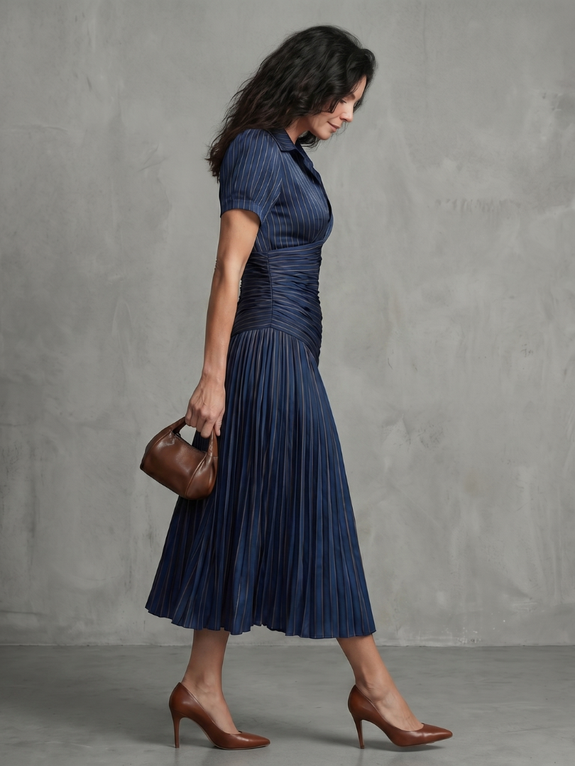 Anna-Berg | Flowing Pleated Waistline Stripe Midi Dress