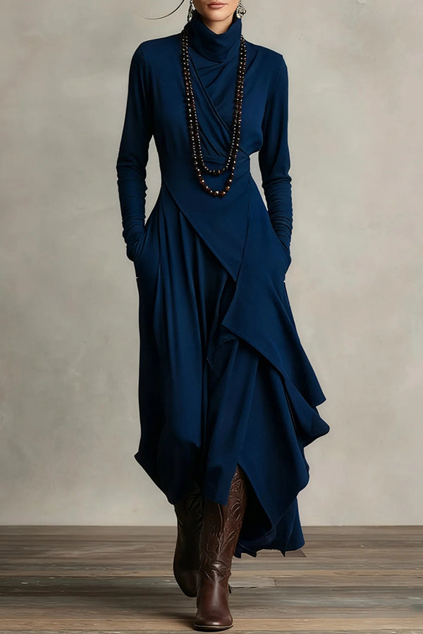 Anna-Berg | Solid Color High-Neck Long-Sleeved Irregular Dress