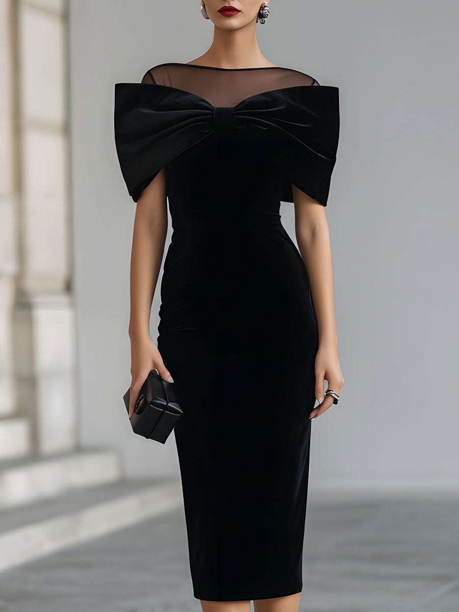 Anna-Berg | Dramatic Black Velvet Bow Midi Dress
