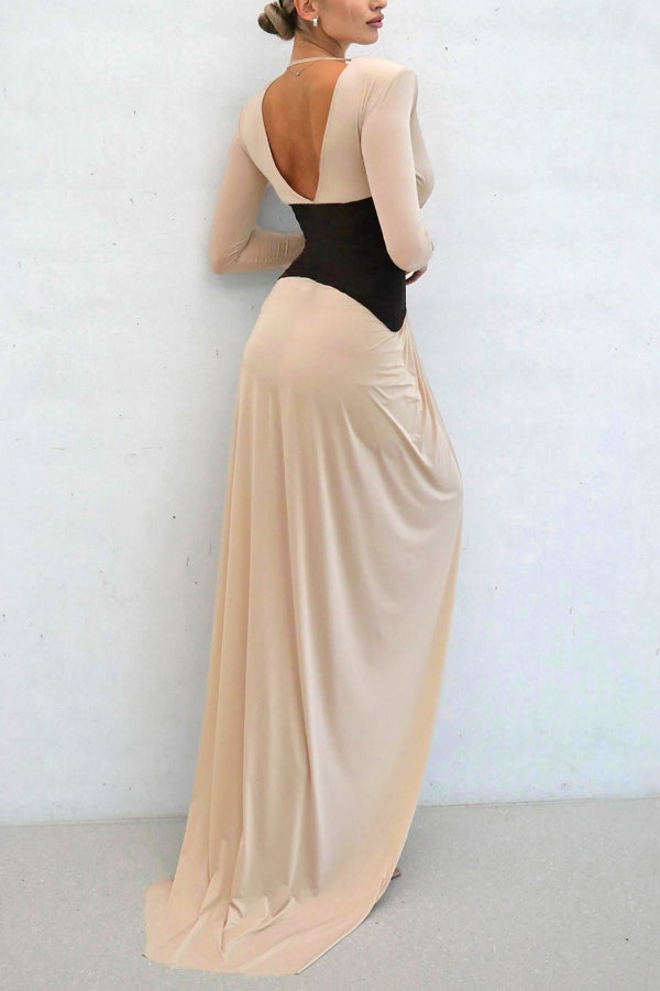 Anna-Berg | Stylish Color-Blocked V-Neck Long-Sleeved Elegant Dress