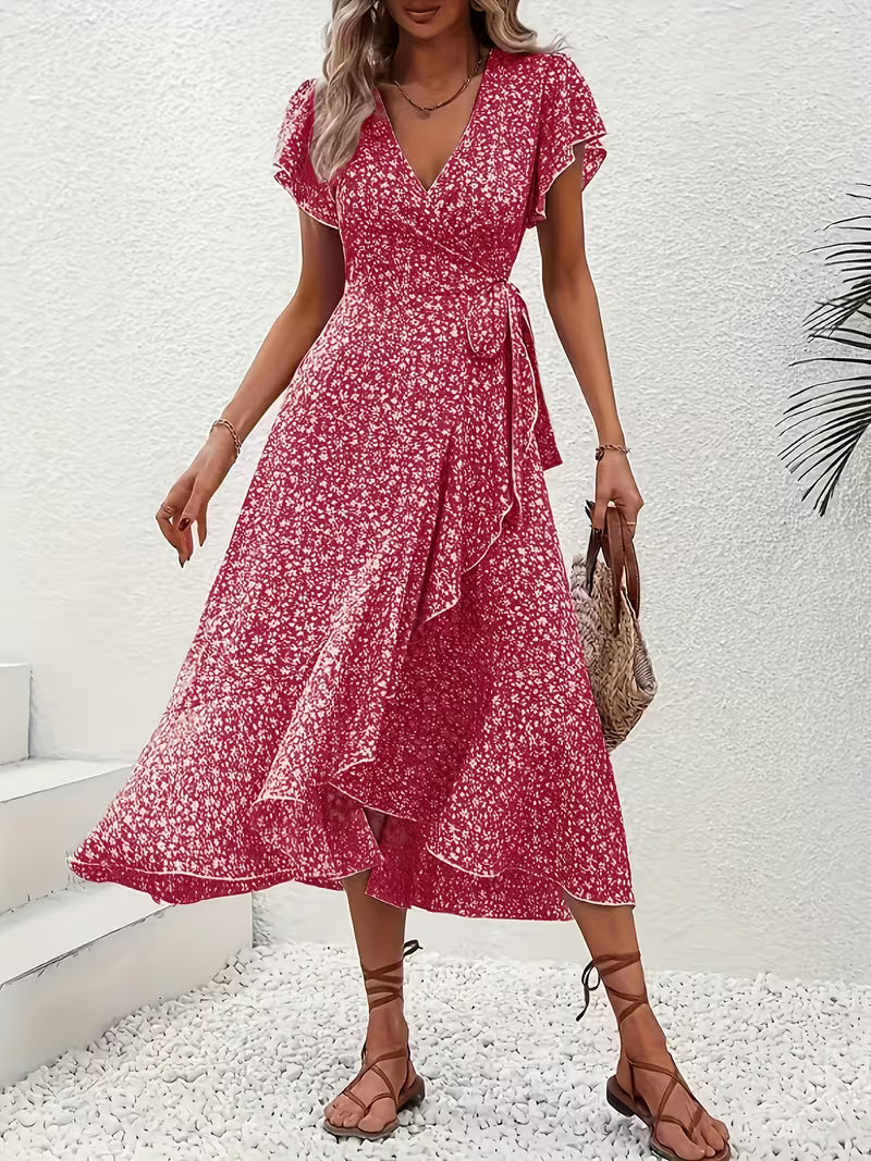 Anna-Berg | Timeless Floral Wrap Midi Dress With Ruffle Sleeves And Asymmetric Hem