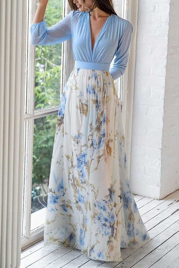 Anna-Berg | Plant Print V-Neck Long Sleeve Dress