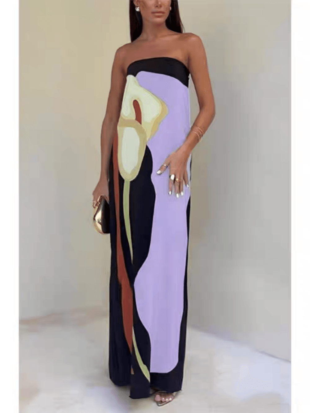 Anna-Berg | Chic Strapless Printed Maxi Party Dress with Graceful Drape