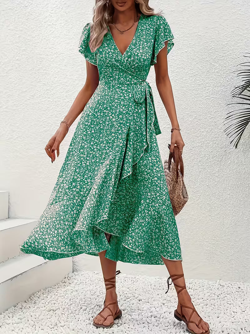 Anna-Berg | Timeless Floral Wrap Midi Dress With Ruffle Sleeves And Asymmetric Hem
