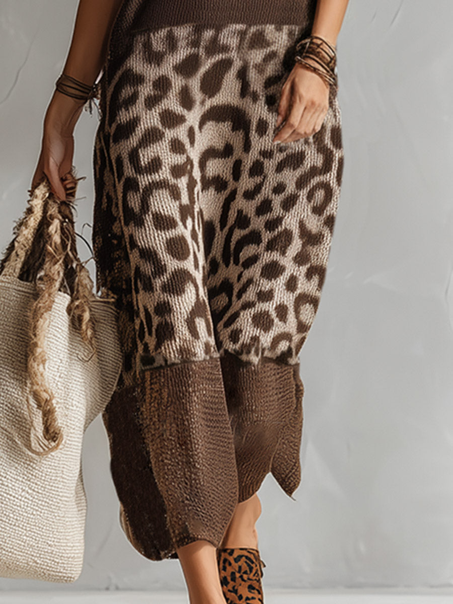 Anna-Berg | Brown Knit Leopard Print Evening Dress