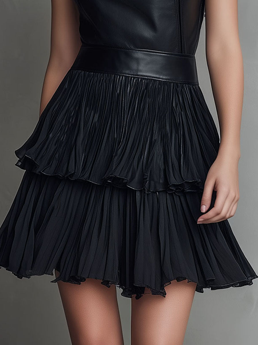 Anna-Berg | Chic Black Eco Leather Pleated Dress