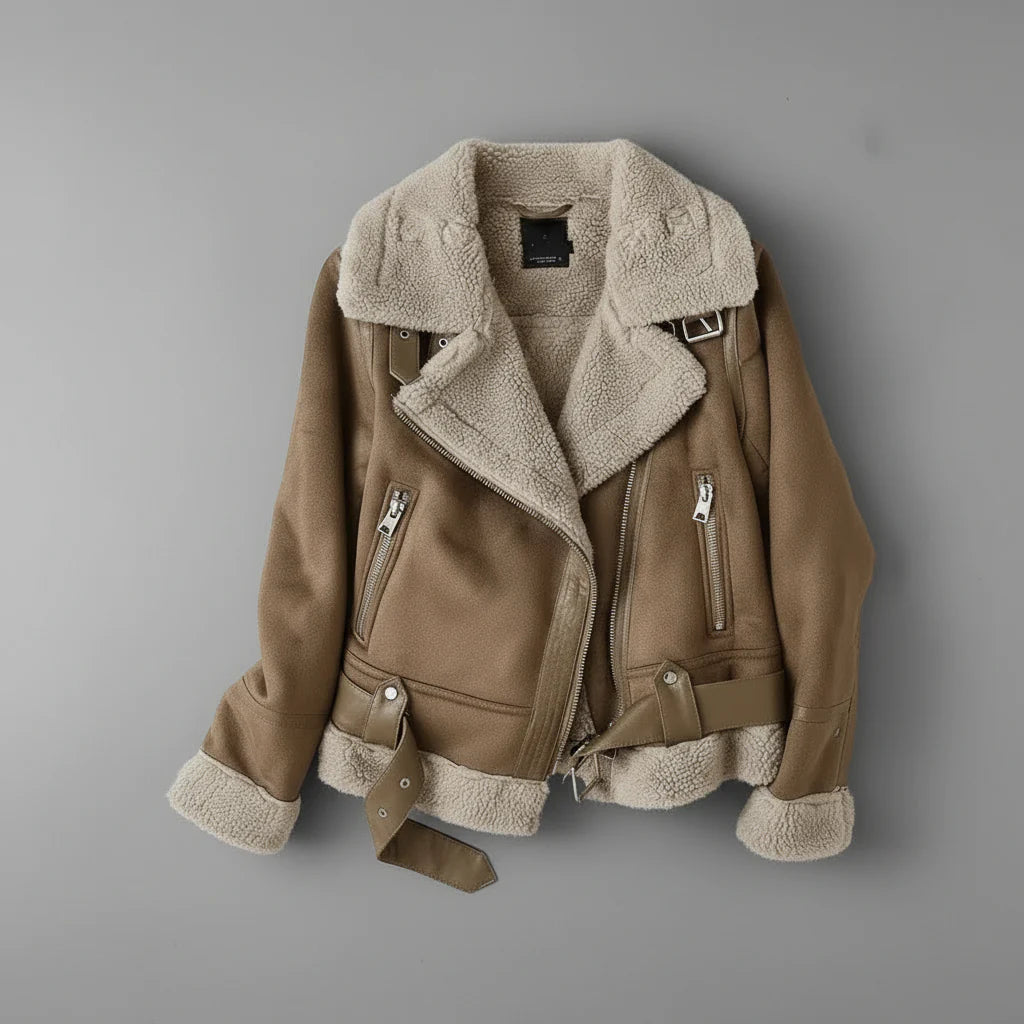 Anna-Berg | Biker Jacket - Shearling, Sherpa Lined, Belted Hem