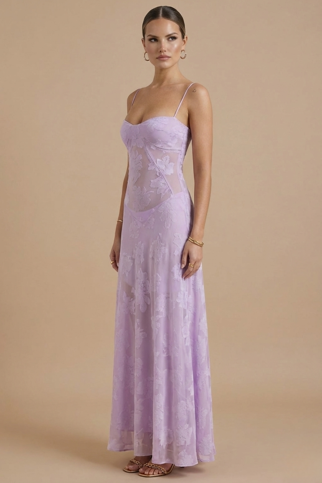 Anna-Berg | Elegant Floral Maxi Dress - Spaghetti Strap Sweetheart Neck Lace Overlay