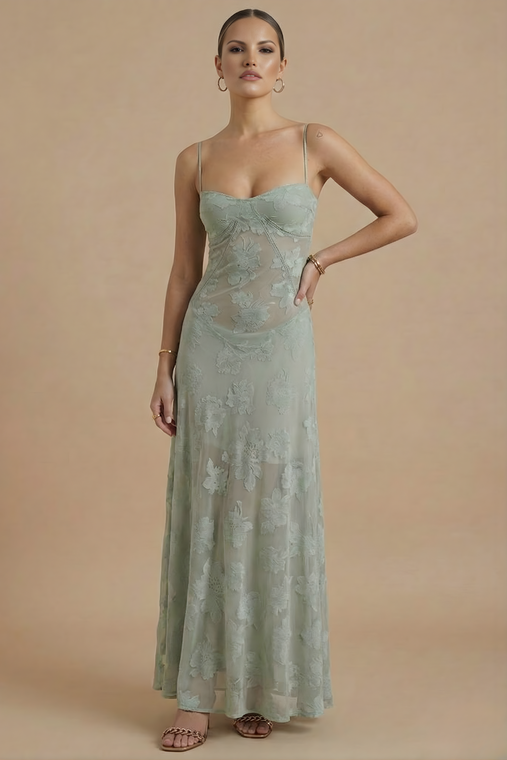 Anna-Berg | Elegant Floral Maxi Dress - Spaghetti Strap Sweetheart Neck Lace Overlay