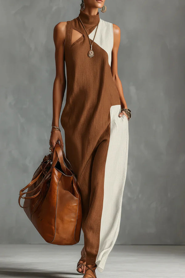 Anna-Berg | Stylish Color-Blocked High-Neck Sleeveless Casual Dress