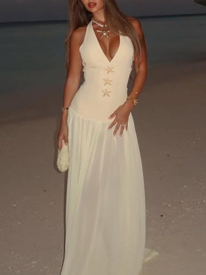 Anna-Berg | Fashion Halterneck Lace-Up Deep V-Neck Dress