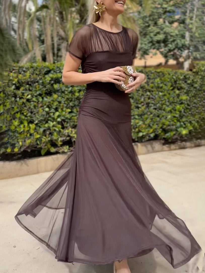 Anna-Berg | Elegant Mesh Pleated Wide-Leg Hip-Hugging Dress