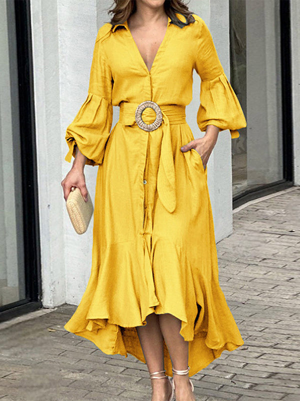 Anna-Berg | High-Low Puff Sleeves Pleated Solid Dress